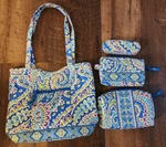 Vera Bradley Capri Blue Bucket Tote Snap Closure & Cosmetic/eyeglass 4 Bag Set. Fixed Price $50.00.