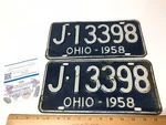 Vintage 1958 Ohio License Set J 13398 Hot Rod 2 White/blue. Fixed Price $39.95.